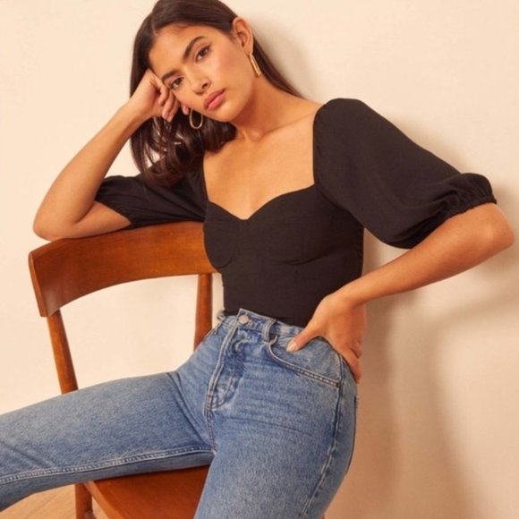 Reformation Lua Puff Sleeve Top, Black, Size 0, NWOT, Never Worn - Picture 3 of 4